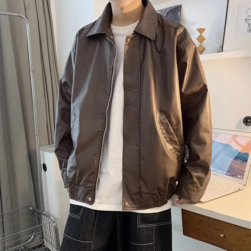 

Винтажная мужская куртка из искусственной кожи в американском стиле, свободная посадка, коричневое байкерское пальто, уличная модная верхняя одежда в стиле ретро