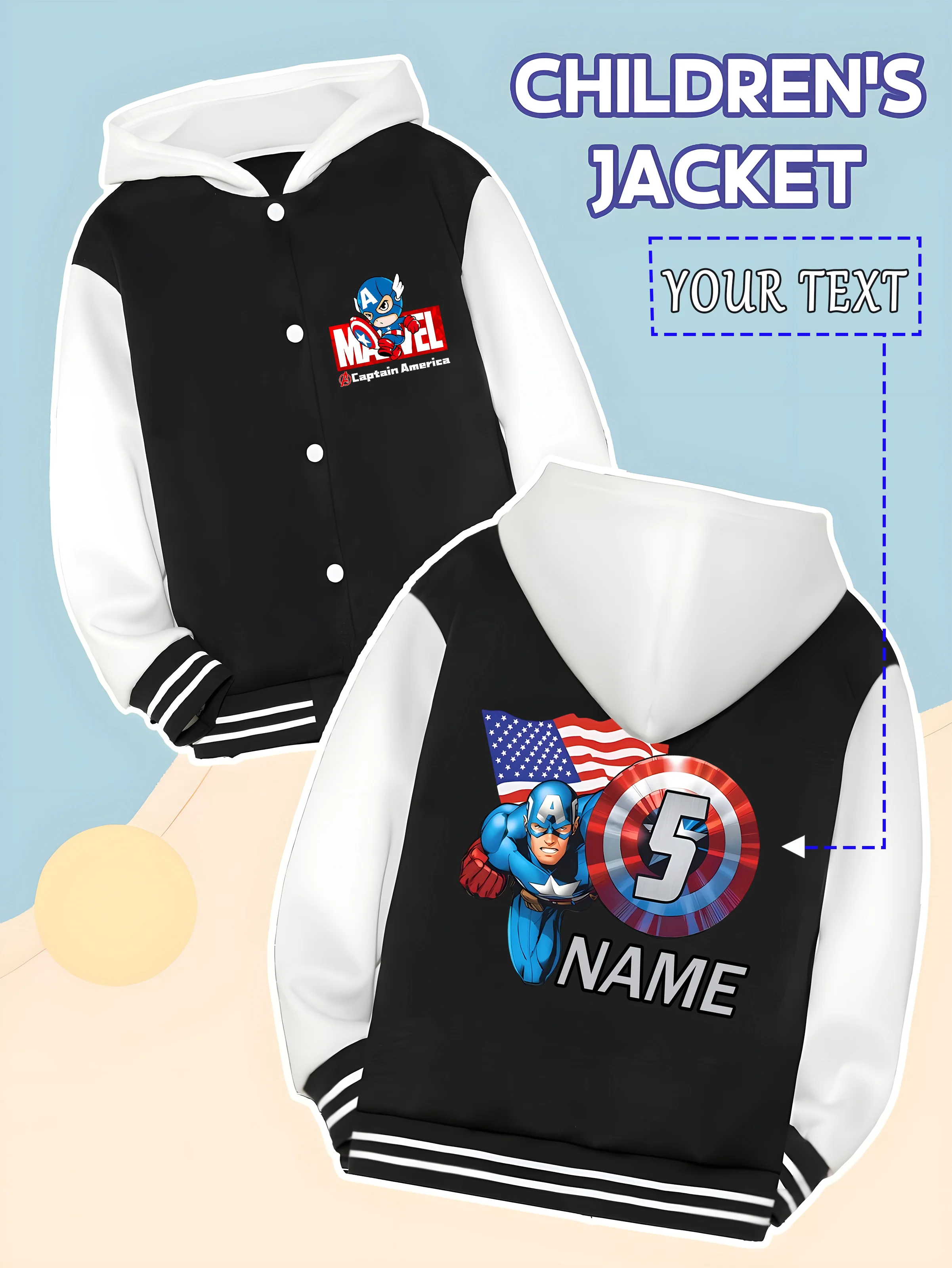 

MINISO Marvel Boys' Baseball Jacket - Captain America themed dynamic print, fusion of patriotic and heroic elements, perfect for