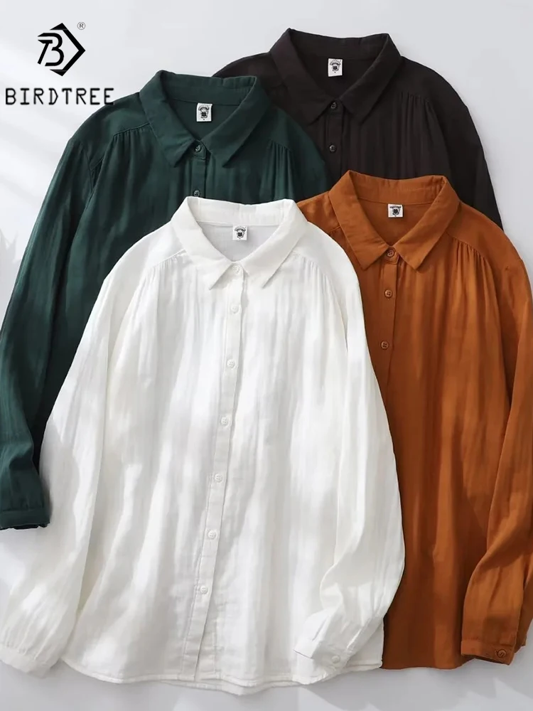 New Spring Women Double-layer Cotton Shirts Solid Full Sleeve Pleated Loose Solid Casual Soft Blouse Office Lady Work T34408X