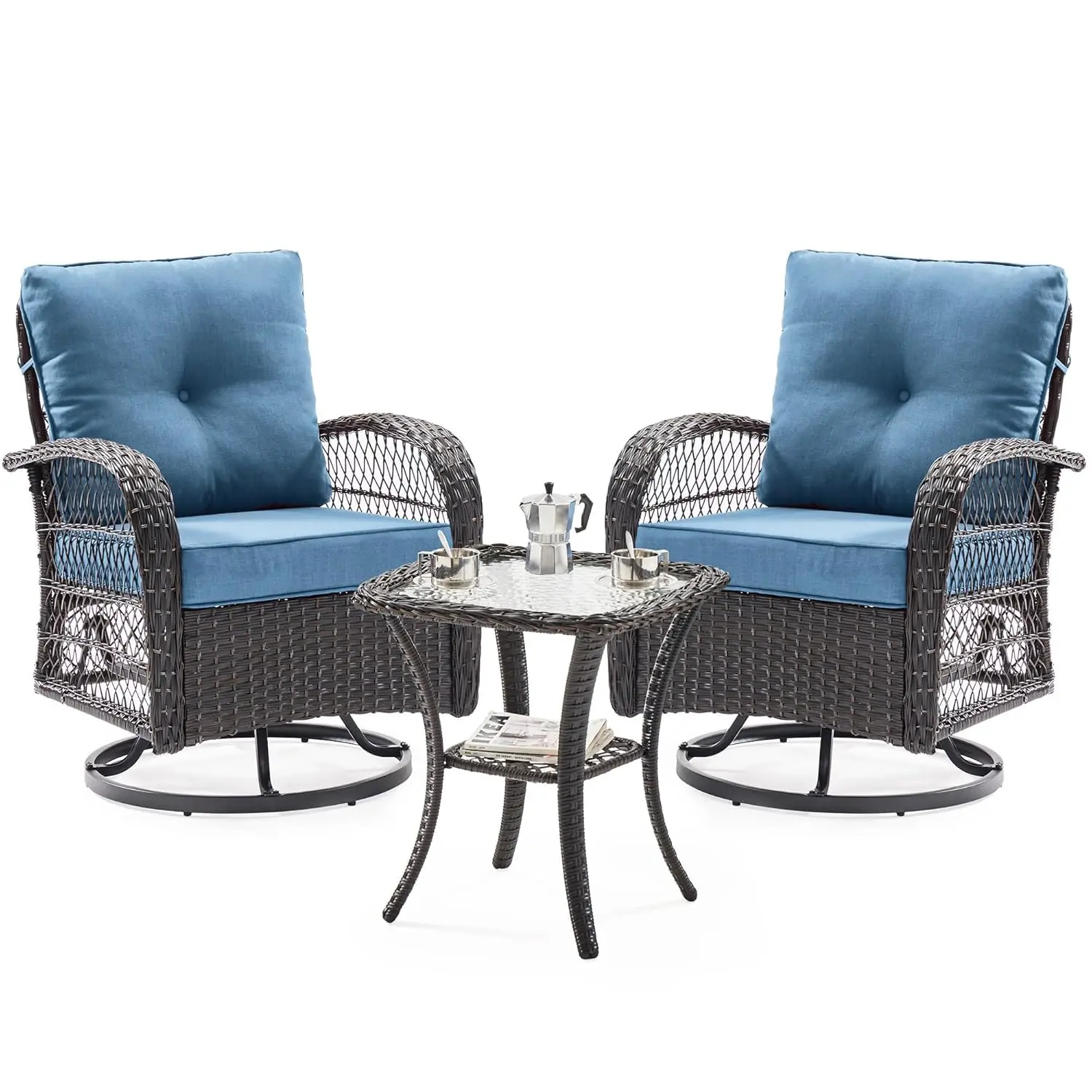 360 Swivel Rattan Patio Furniture Set 3 Piece Outdoor Chairs with Coffee Table for Yard Bistro Balcony, Customized