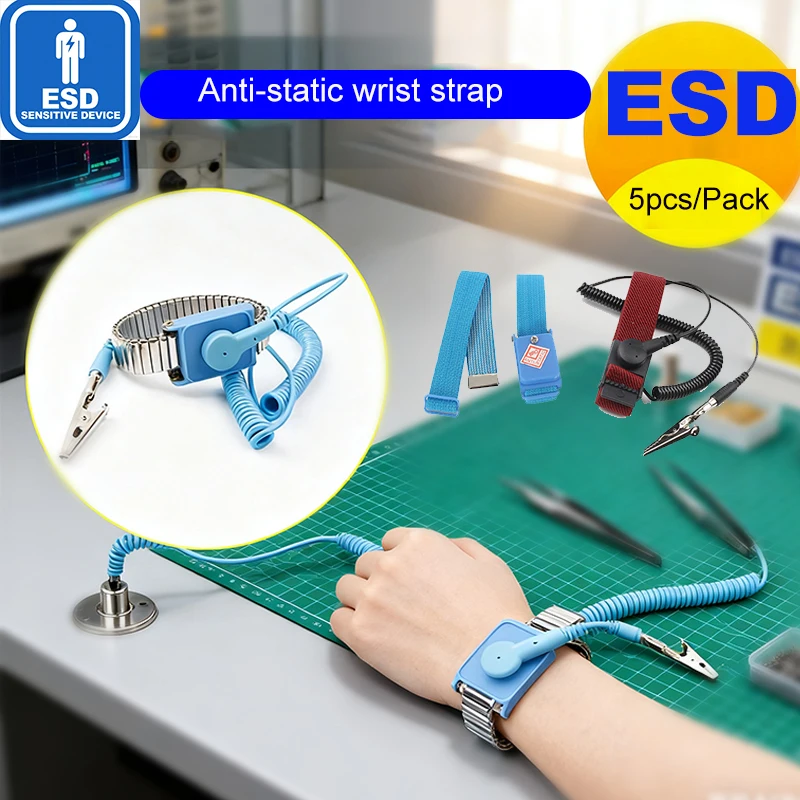 5pcs ESD Wrist Strap Antistatic Anti Static Wrist Strap Cordless Wireless Clip Discharge Cables for Electronics Repair Work Tool