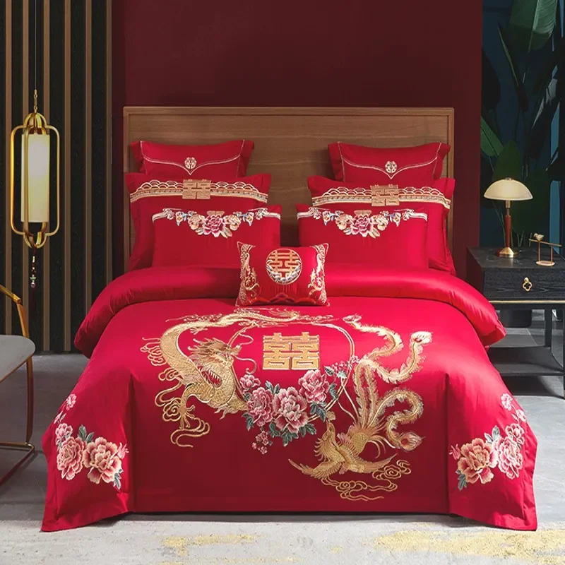 100% Cotton Bedding Set Luxury Golden Dragon Phoenix Embroidery Chinese Wedding Red Quilt/Duvet Cover Bed Sheet Pillowcases
