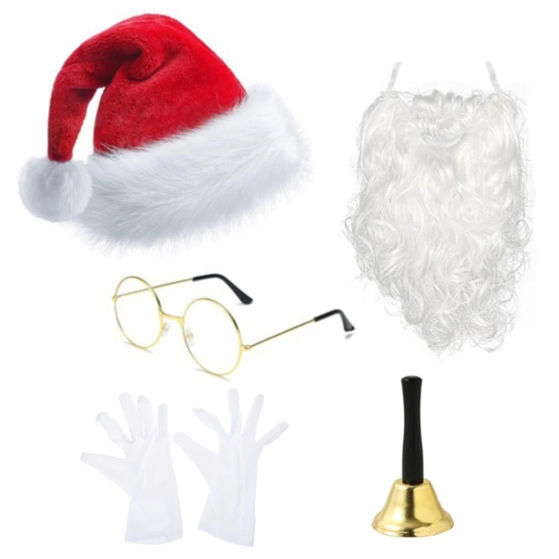 Santa Clause Dress Up Clothing Set Plush Christmas Hat & White Beard Glasses & Gloves Holiday Costume Accessories Kits