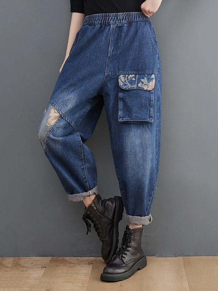 

6109 Women 3D Pocket Floral Print Patchwork Vintage Blue Jeans Spring Fall Fashion Female Premium Loose Casual Harem Denim Pants