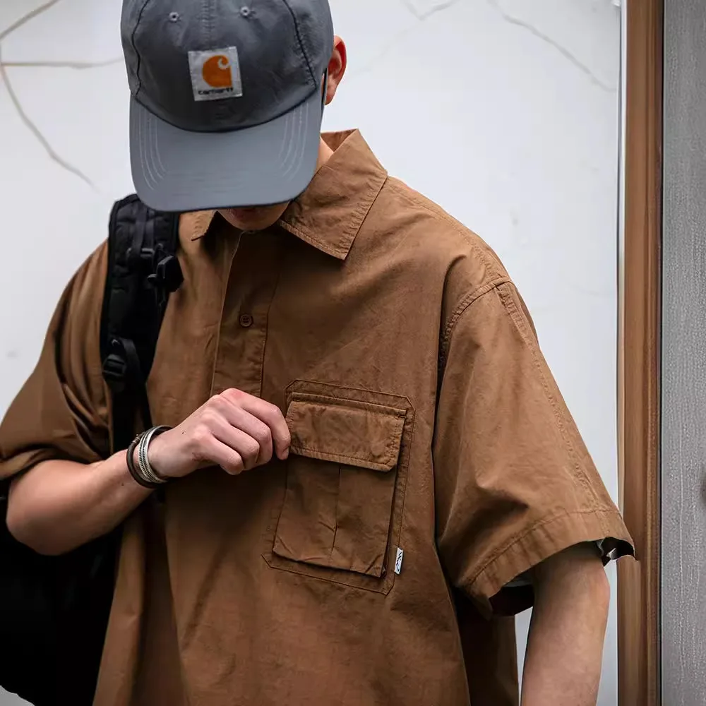Japanese retro workwear pullover short-sleeved shirt men's summer fashion brand outdoor trend loose casual shirt jacket trend