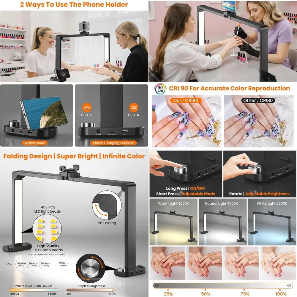 

34 48W Adjustable LED Nail Desk Lamp with 3000K-6000K Color Temperature, 0-100% Brightness for Nail Art, Tattoo, Eyebrow, Beauty