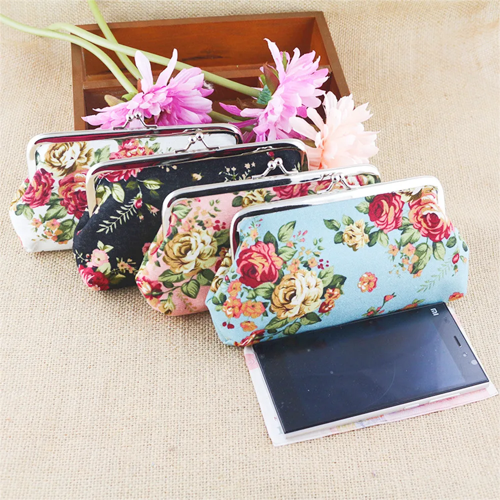 New Women Flower Printed Coin Wallet Handbag Canvas Coin Purses Money Card Holder Wallet Pouch Lipstick Earphone Key Bags