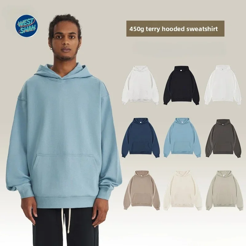 WESTSHAN EU US Size Top Quality Heavy 450G Frech Terry Hooded Sweatshirt Autumn Winter Vintage Men Cotton Hoodie