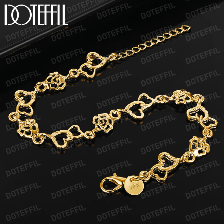 

DOTEFFIL 18K Gold Full Heart Flower Bracelet For Women Wedding Engagement Party Fashion Jewelry