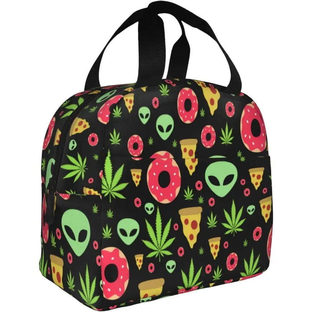 Alien Donut Pot Leaf Weedleaf Pizza Thermal Lunch Bag Reusable Insulated Tote Bag for Adults Kids Work School Picnic Travel