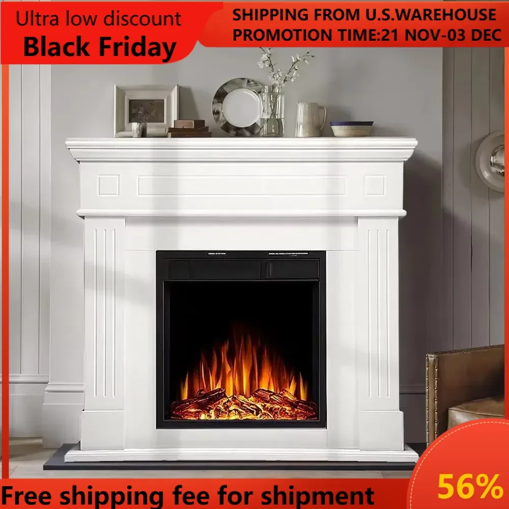 Electric Fireplace Mantel Wooden Surround Firebox, TV Stand with Freestanding Electric Fireplace, Remote Control,Adjustable Led