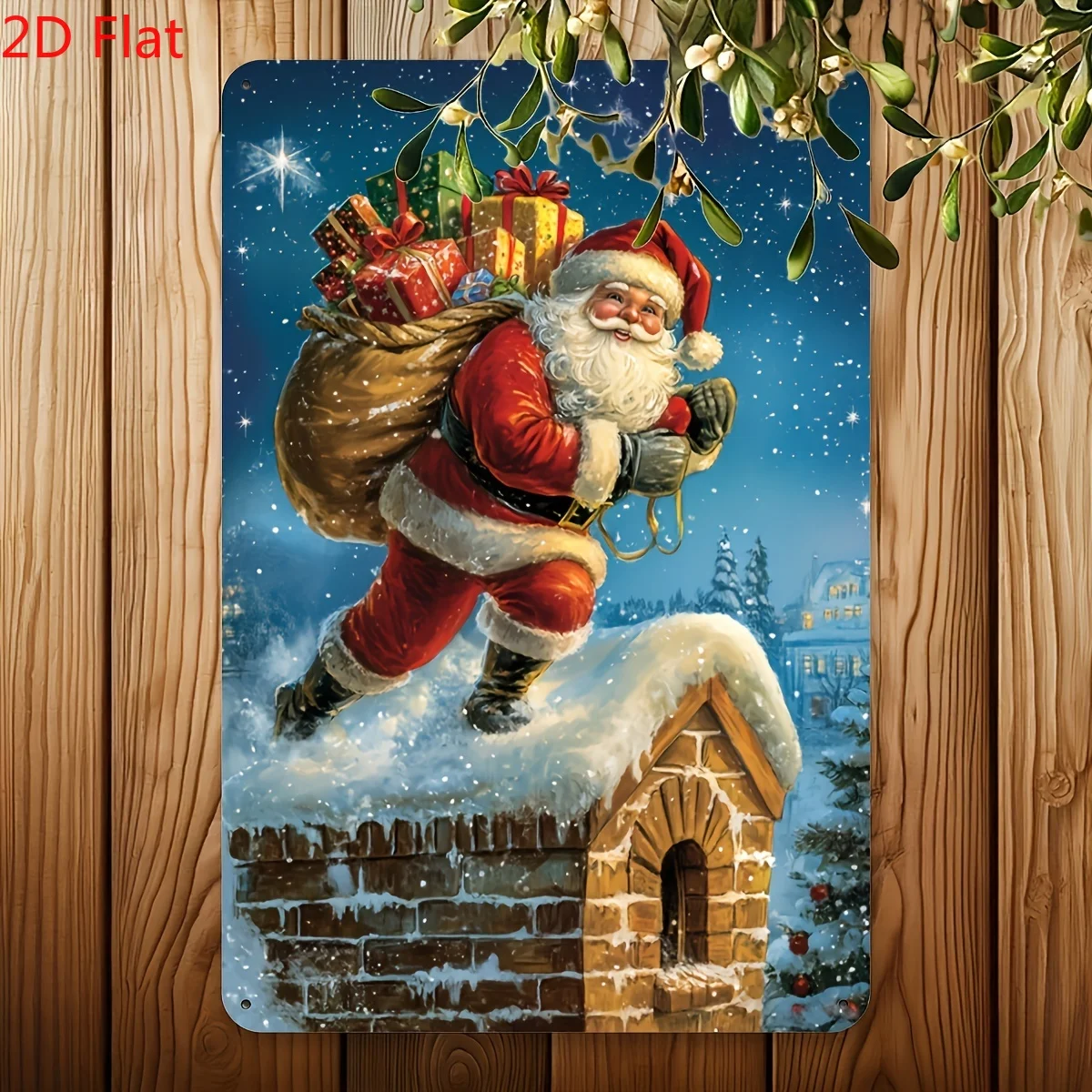 1PC 2D Flat Xmas Santa Delivering Gifts Metal Tin Sign Snowy Scene Wall Plaque, Festive Decor Board For Dorm Pub Apartment House