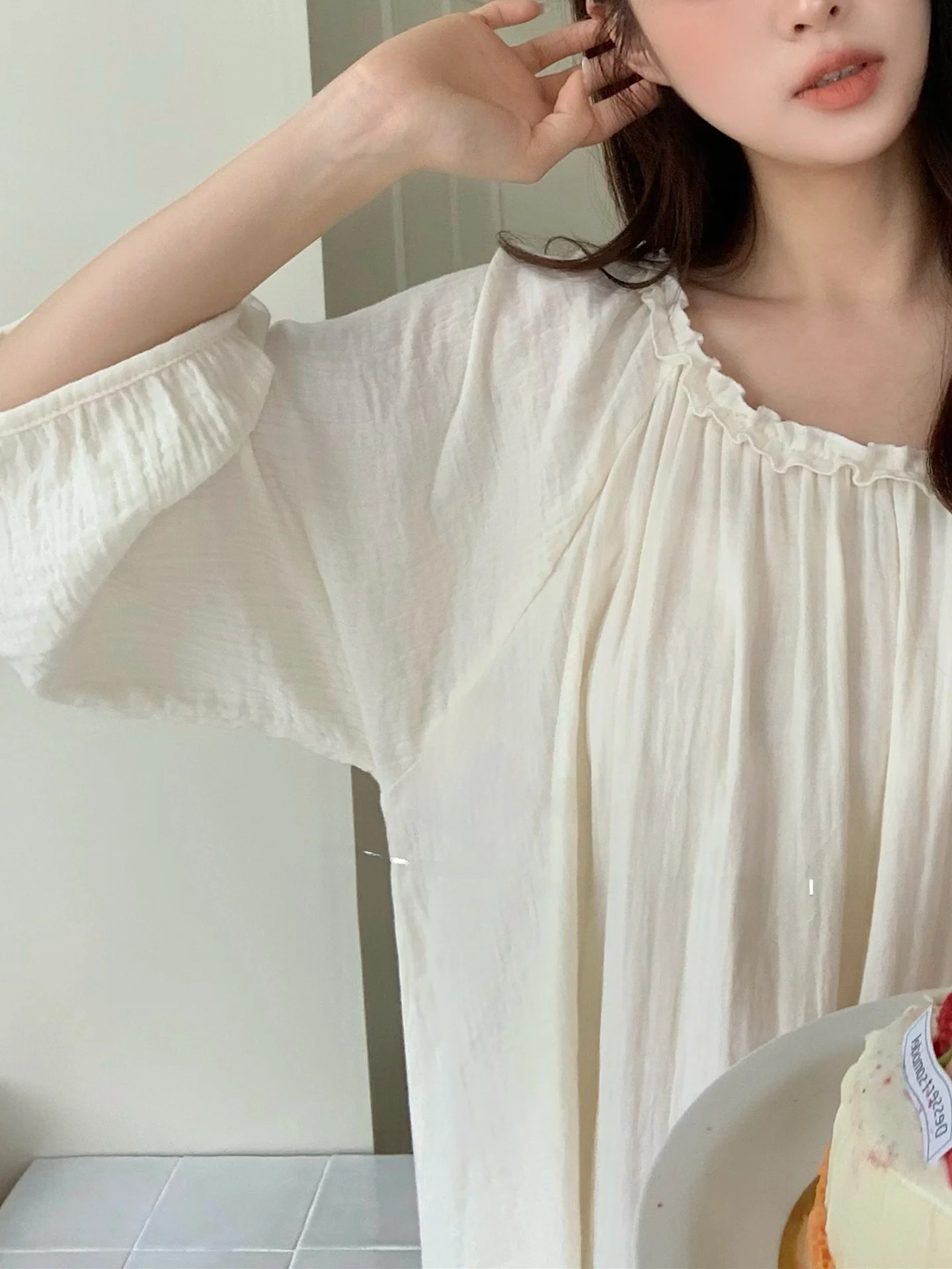 新しい-2026-純綿パジャマ女性のルーズフィットホーム服ガーゼナイトガウン花柄レーストリム快適な通気性のある睡眠ドレス