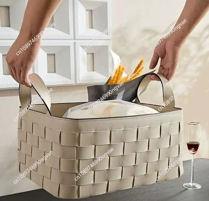 Portable Storage Basket， Cloakroom Soft Clothing Sundries Household Light Luxury Leather Woven Storage