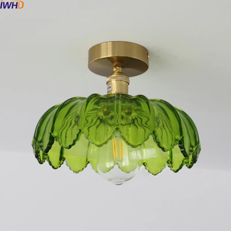 

IWHD Green Glass LED Ceiling Lights For Balcony Corridor Living Room Home Decor Modern Ceiling Lamp Iron Copper Lampara Techo