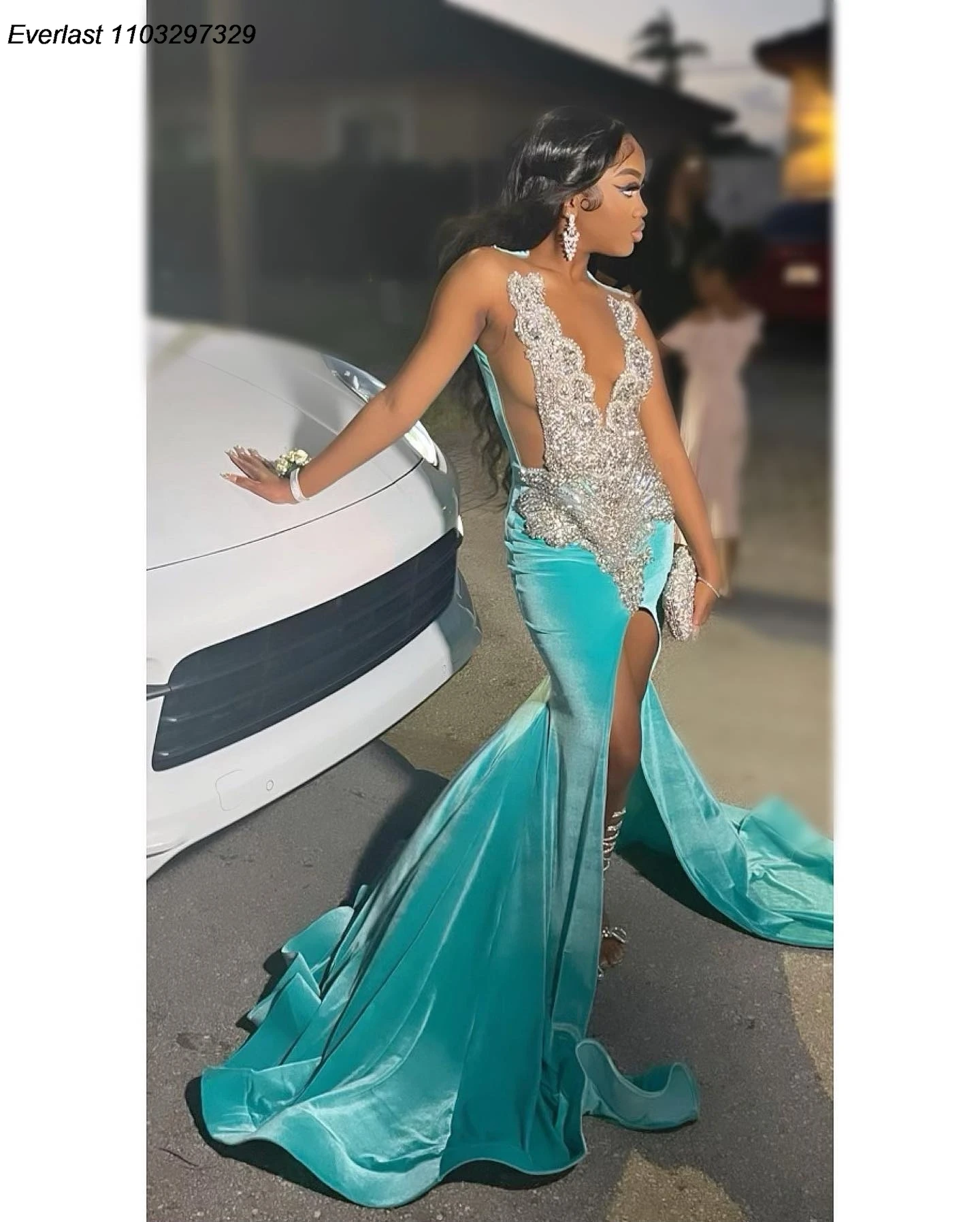 EVLAST Customized Mint Rhinestone Velvet Prom Dress For Black Girls High Slit Silver Diamond Beaded Party Gala Gown TPD114