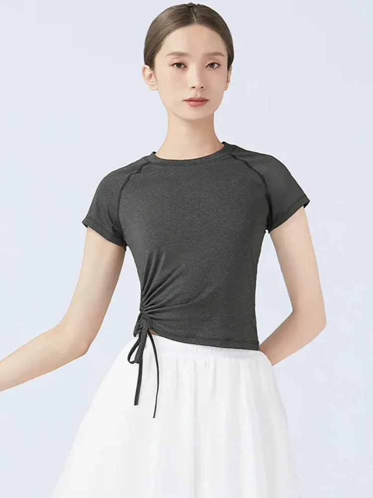 Solid Color Drawstring Slim Fit Ballet Top – Short Sleeve Round Neck Dance Shirt for Women Performance Practice