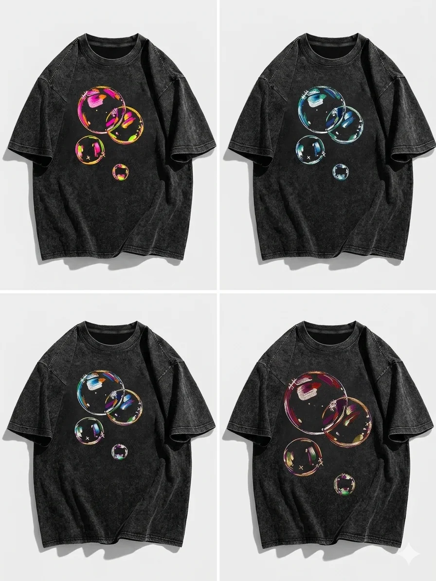 Washed Cotton Bubble Print T-Shirt - Artistic Iridescent Design Graphic Tee, Unisex Oversized Streetwear for Summer