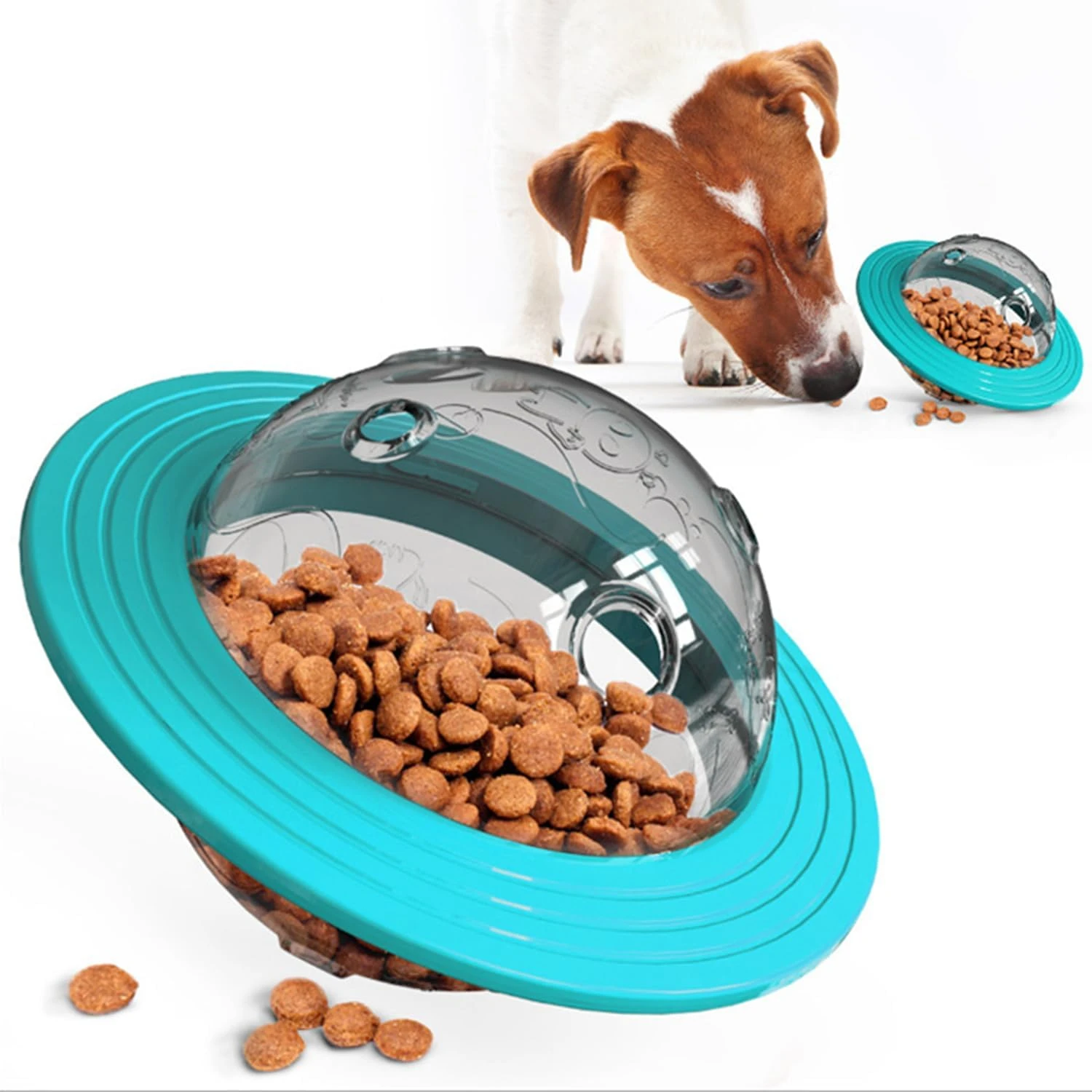 Exciting Blue UFO Flying Saucer Ball Food Dispenser Pet Toy - Engaging Interactive Slow Feeder Dog Puzzle - Stimulating Entertai