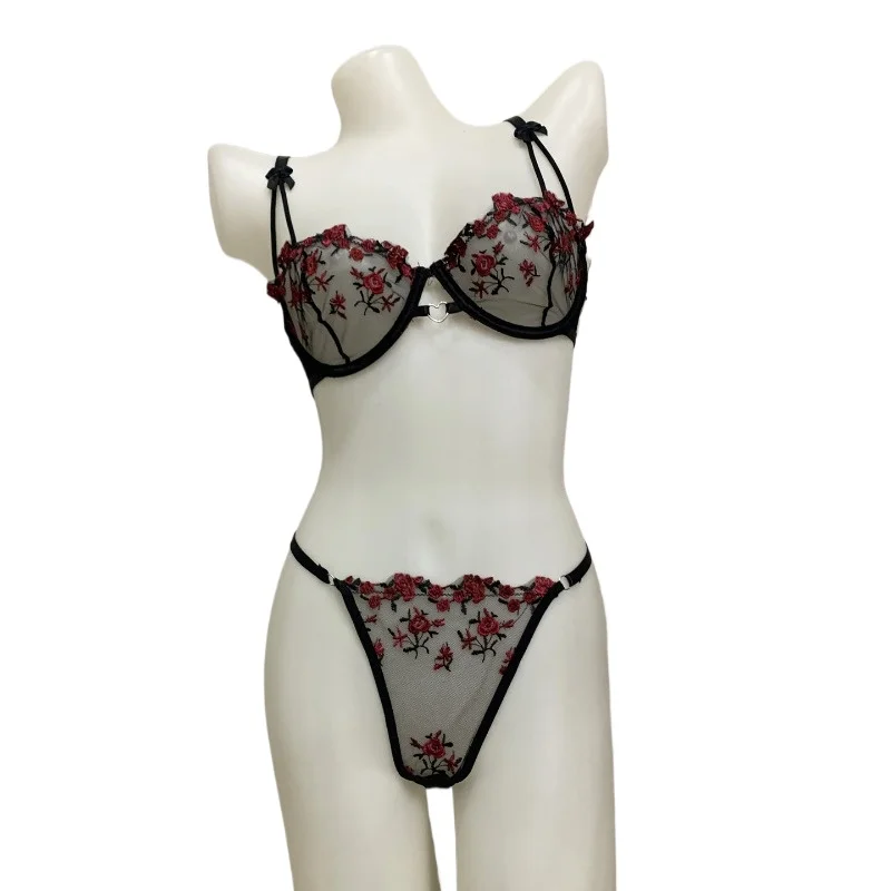 Französisches Mesh-BH-Set mit Blumenmuster |   Transparentes, durchsichtiges Spitzen-Bralette, süße, sexy, süße Unterwäsche für Frauen |   Sommer MOYISU Sexy Höschen-Set