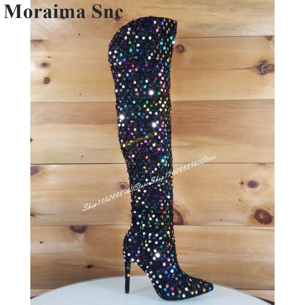 

Knee High Sparkling Black Glitter Stylish Boots Thin High Heel Women Shoes Side Zipper Pointed Toe 2024 Sexy Zapatos Para Mujere