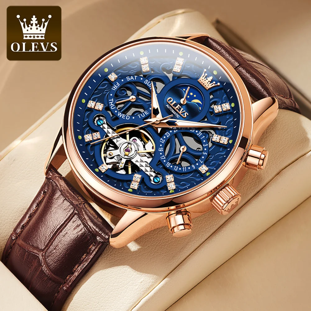 OLEVS 6658 orologio automatico di marca originale per uomo scava fuori l'orologio da polso da uomo con fasi lunari di moda di lusso con scheletro notturno