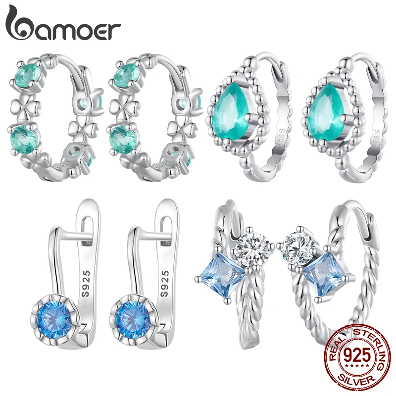 Bamoer 100% 925 Sterling Silver Oryginalne niebiesko-zielone kolczyki z cyrkoniami Główny kamień dla kobiet Rocznica Ślub Drobna biżuteria Prezent