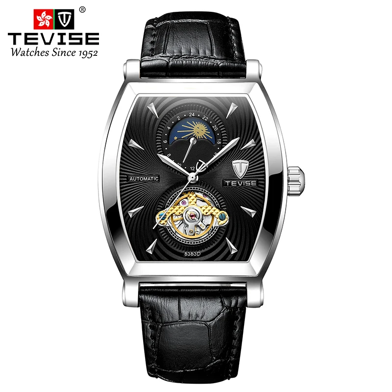 TEVISE Automatic Mechanical watch for man Leather waterproof wristwatch Business&Fashion Tourbillon