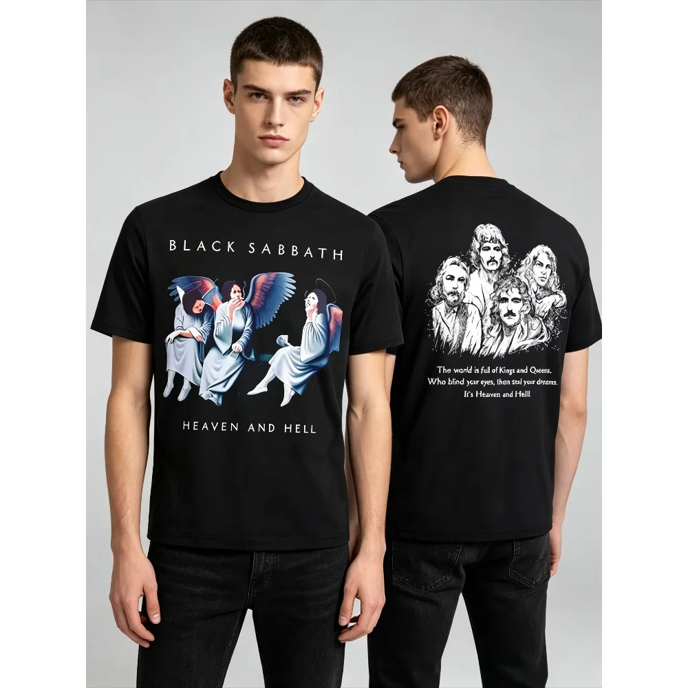 Vintage Black Sabbath Heaven and Hell T-shirt Men Graphic Tee Heavy Metal Rock Music Band Shirt Casual Street Style Short Sleeve