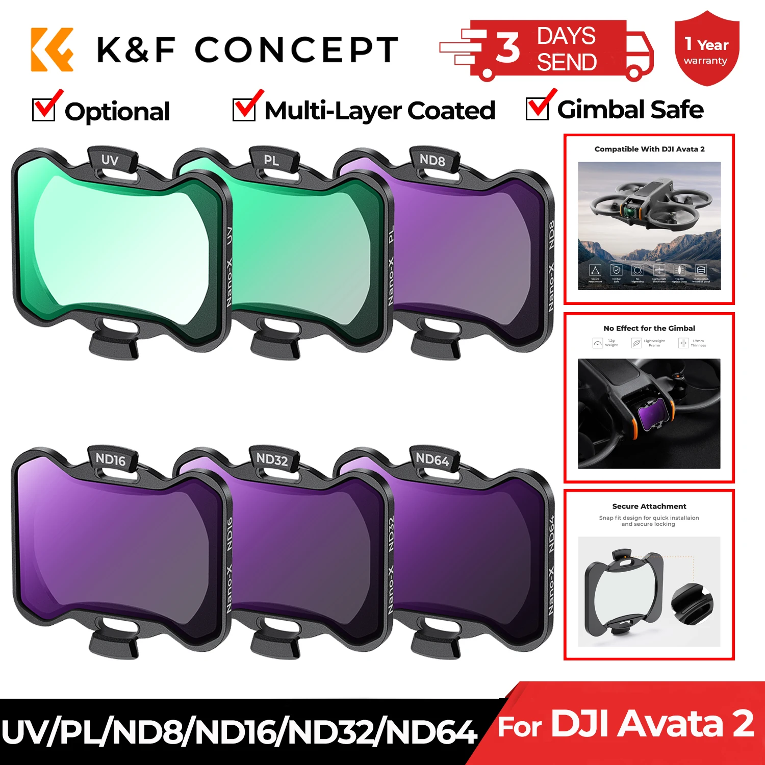 K&F CONCEPT DJI 아바타 2 필터 세트 UV/CPL/ND8/ND16/ND32/ND64 다층 코팅 드론 렌즈 카메라 필터 액세서리