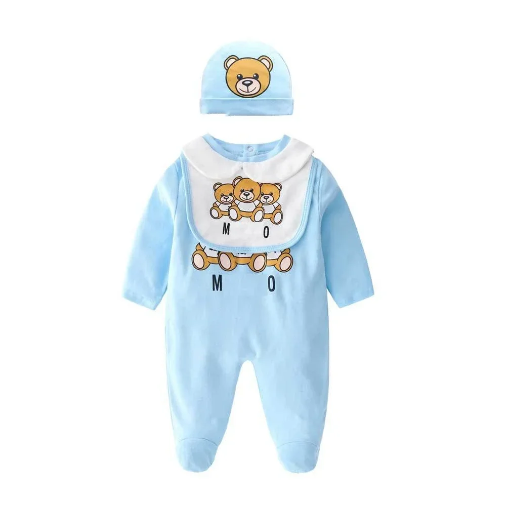 Kawaii  Cotton Clothes One-piece Baby Climbing Suit Newborn Baby Bear One-piece Pink Gray Blue Dress Baby Long-sleeved Pants
