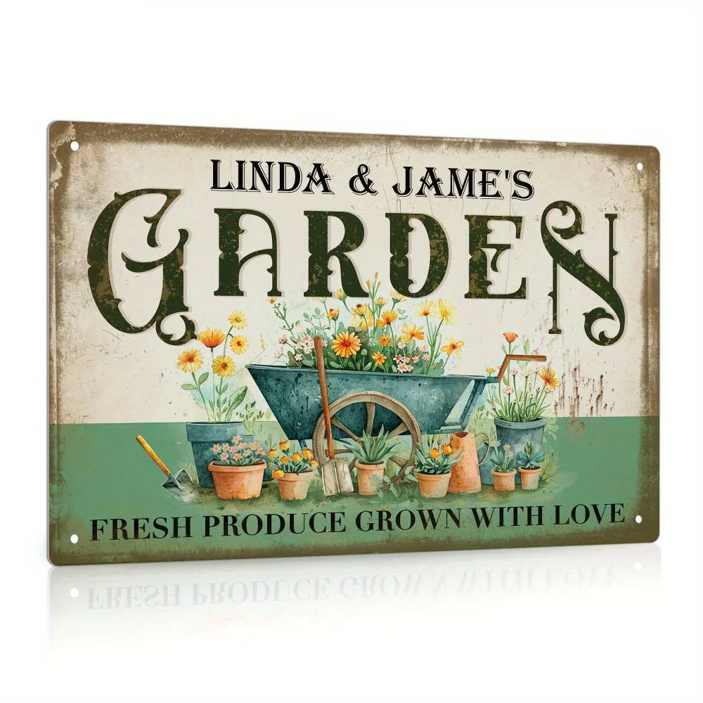 1pc Custom Metal Tin Sign, Linda & Jame's Garden Fresh Produce Grown With Love, Personalized Plaque Vintage Plate Wall Art Decor