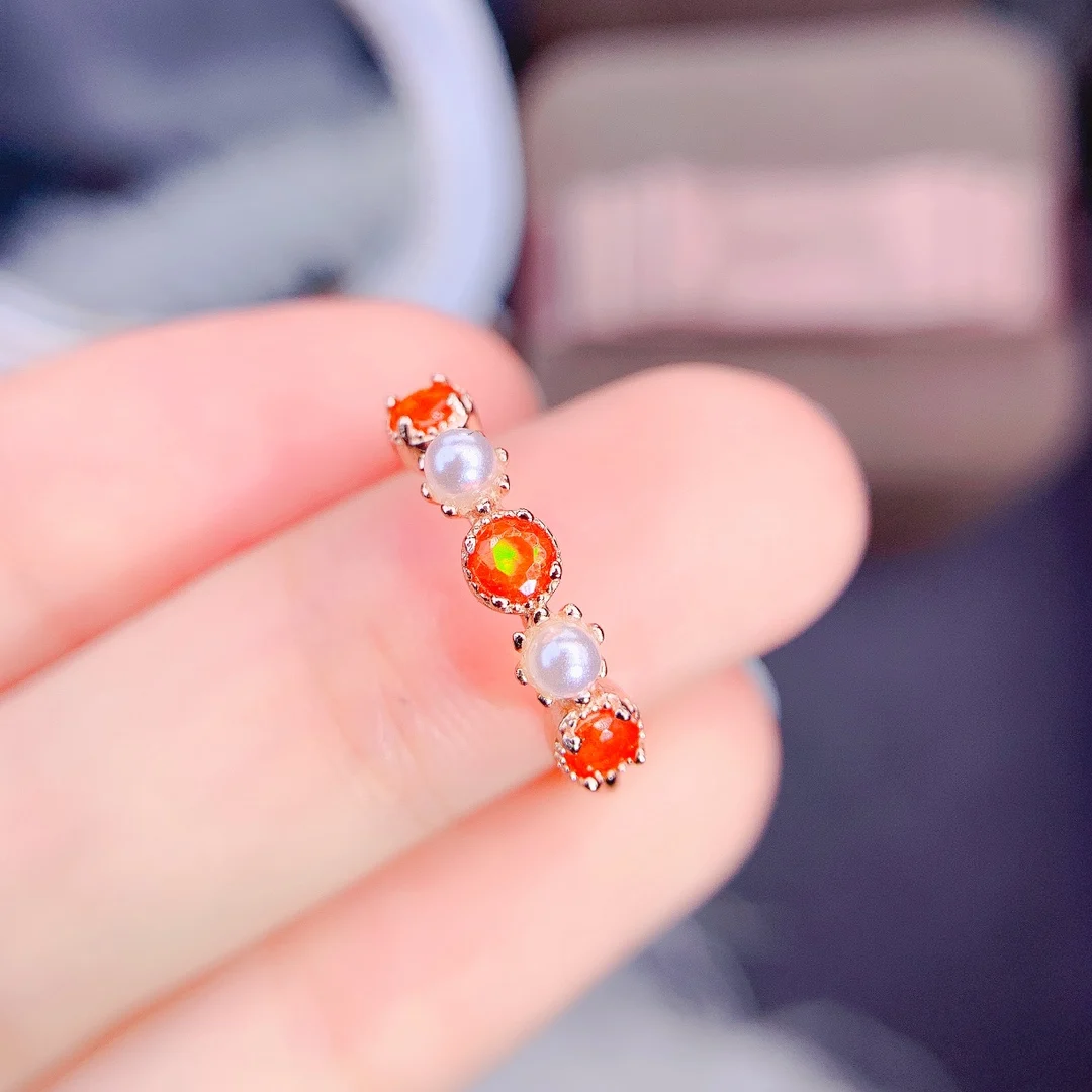 

Natural Birthstone Ring Fire Opal and Freshwater Pear Dainty Women Rings Engagement Wedding Jewelry