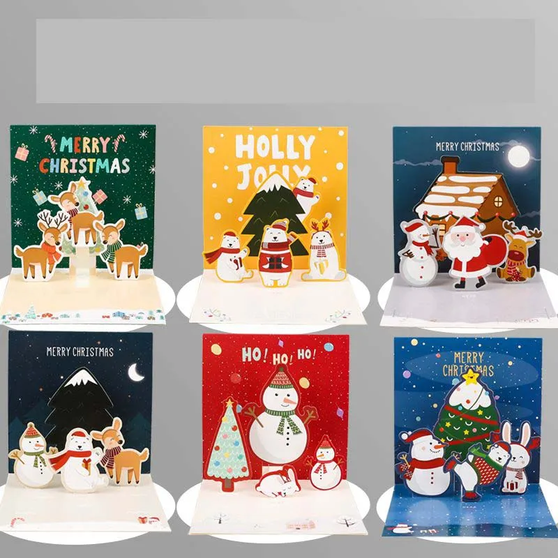 Christmas 3D Greeting Card 6 Styles Snowman Santa Reindeer Xmas Foldable Holiday Postcard with Envelope Christmas Gift Card