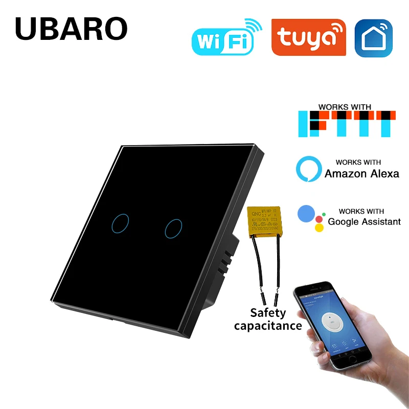 UBARO Tuya Smart WIFI en casa interruptor de luz de pared 2 entradas funciona con el asistente de Google Amazon Alexa Yandex Alice Sensor de Control de voz