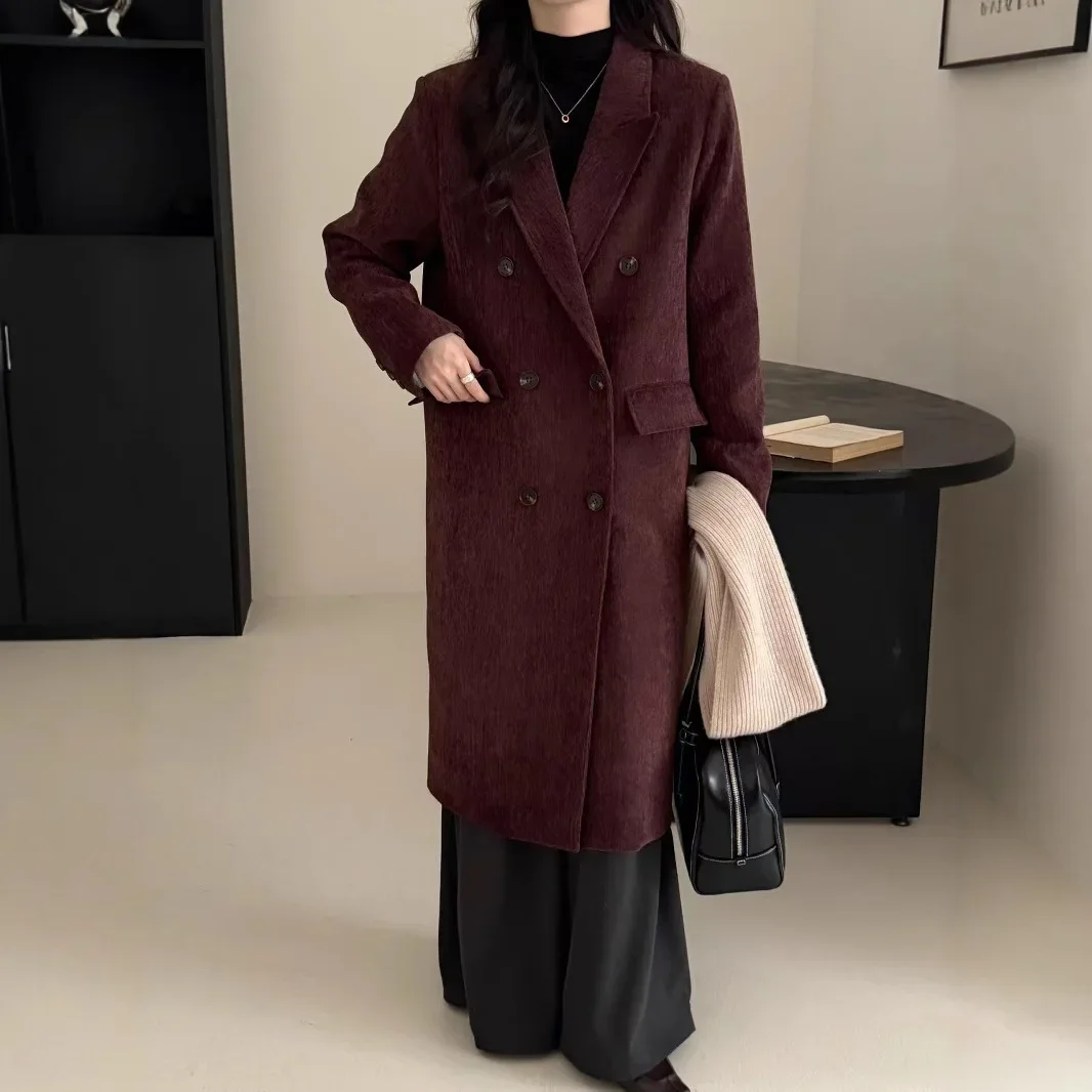 SuperAen Korea Suit Collar Burgundy Cotton Vertical Fashion Long Trench Coat for Women