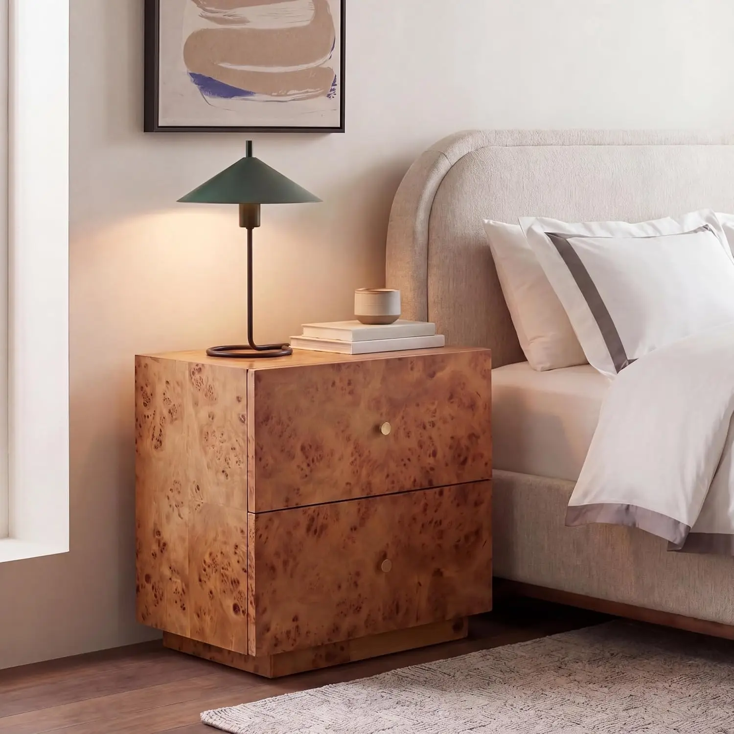 Home Collection - Tahan 2-Drawer Nightstand Table, Natural Modern Bedside Storage, Fully Assembled (NST6608A), Customized