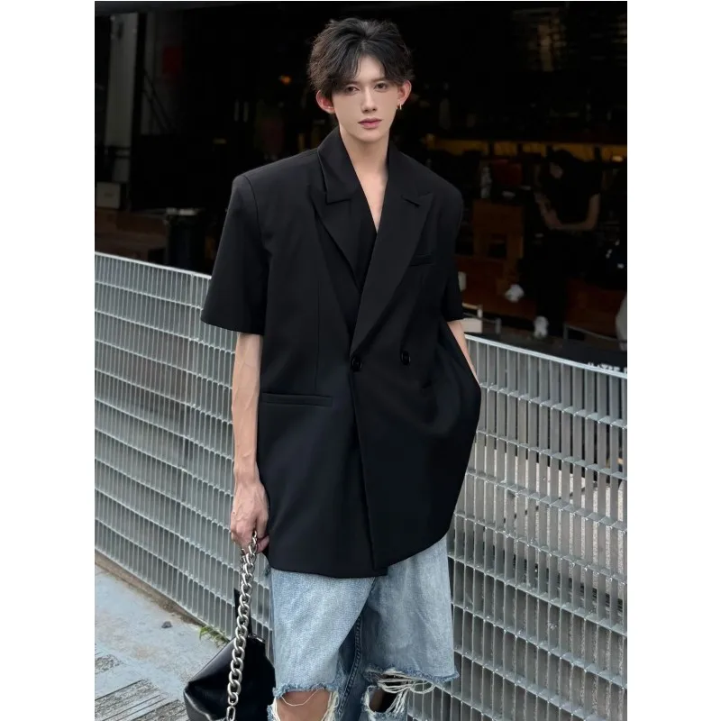 Summer Stylish Men's Short Sleeve Suit Coat Black Two Buttons Oversized Design Casual Blazer Man