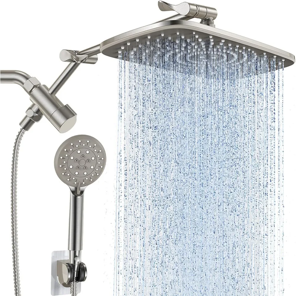 

11.8'' Rain Brushed Nickel Shower Head with Handheld Spray Combo, Extension Arm for Rainfall Showerhead, Multi-modes Massage