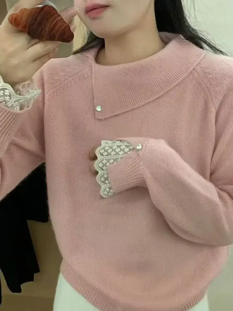 

Осенне-зимний вязаный свитер с кружевным сращиванием, базовый верхний дизайн, корейский базовый слой, трикотаж