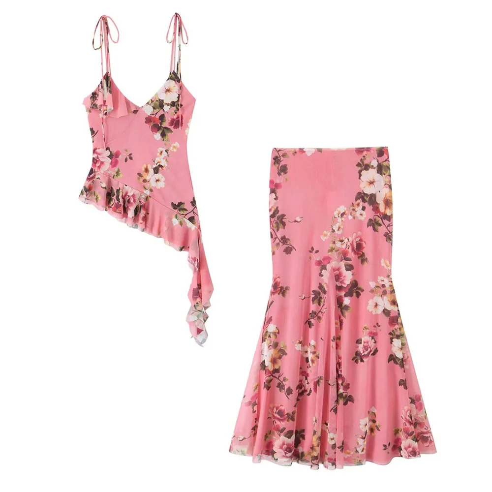 

PB&ZA 2025 Pink Floral Print Women Set Asymmetrical Ruffled Camisole and Flared Skirt Fashionable and Feminine for Summer