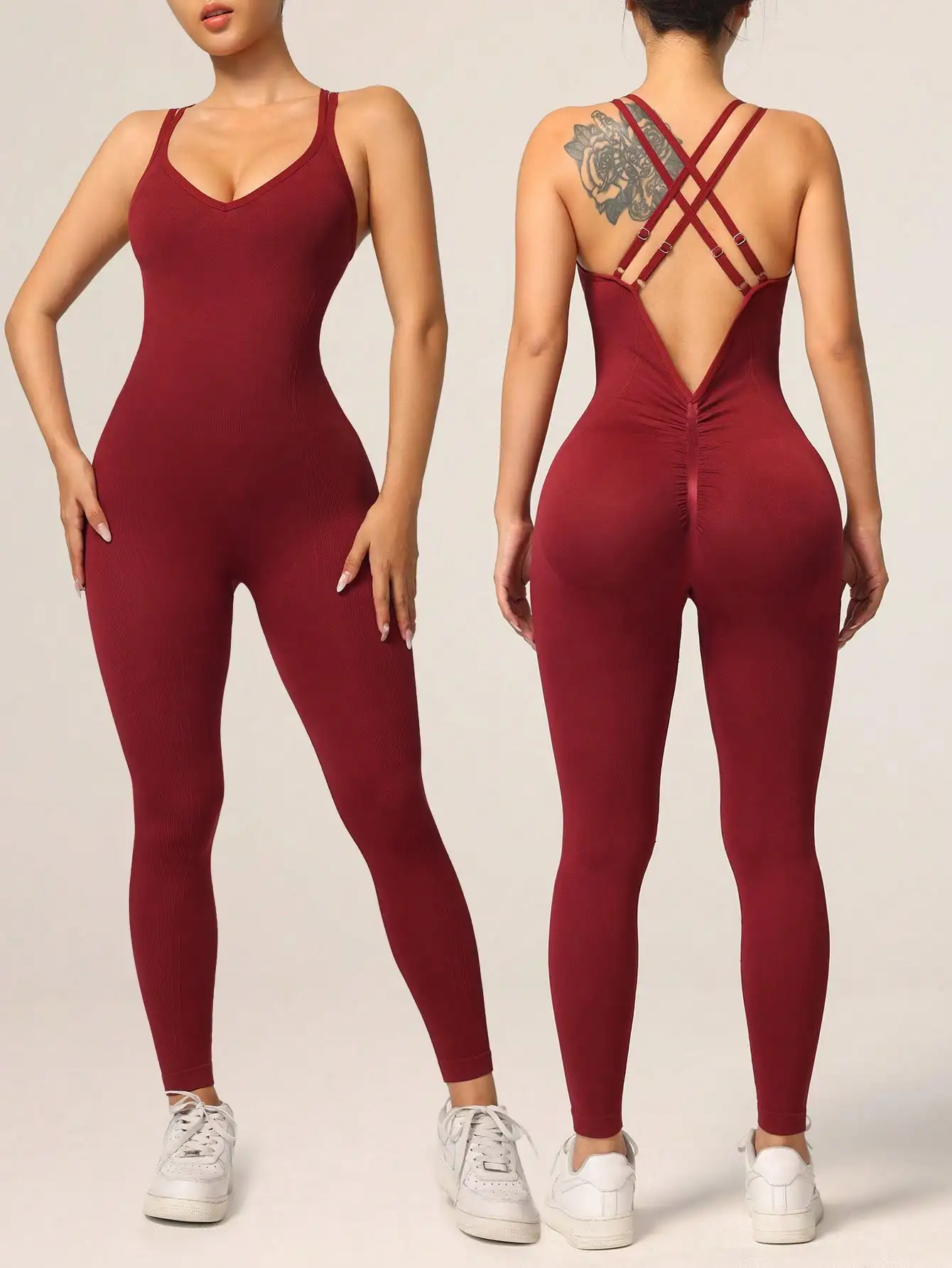 Women's Backless Yoga Bodysuit Cross Strap Ribbed Compression Unitard High Waist Butt Lifting Ruched Jumpsuit