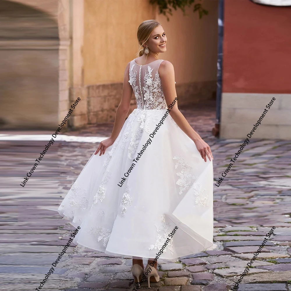 Elegent A Line Sleeveless Wedding Dresses 2025 Summer Short Bridal Gowns with Lace New Robe De Mariée Summer Button Back