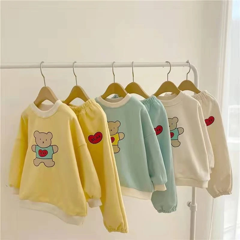 

Cute Bear Print Children Tracksuit Korean Style Sweatshirt + Harem Pants 2pcs Baby Boy Clothing Suit Fashion Girls Clothes Set