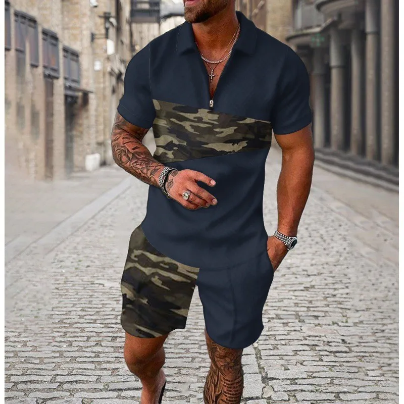 Men Polo Tracksuit 2 Piece Set 3D Print Camouflage Color Zipper Polo Shirt ShortsS ummer Man Clothing Polo Shirt Suit Clothing