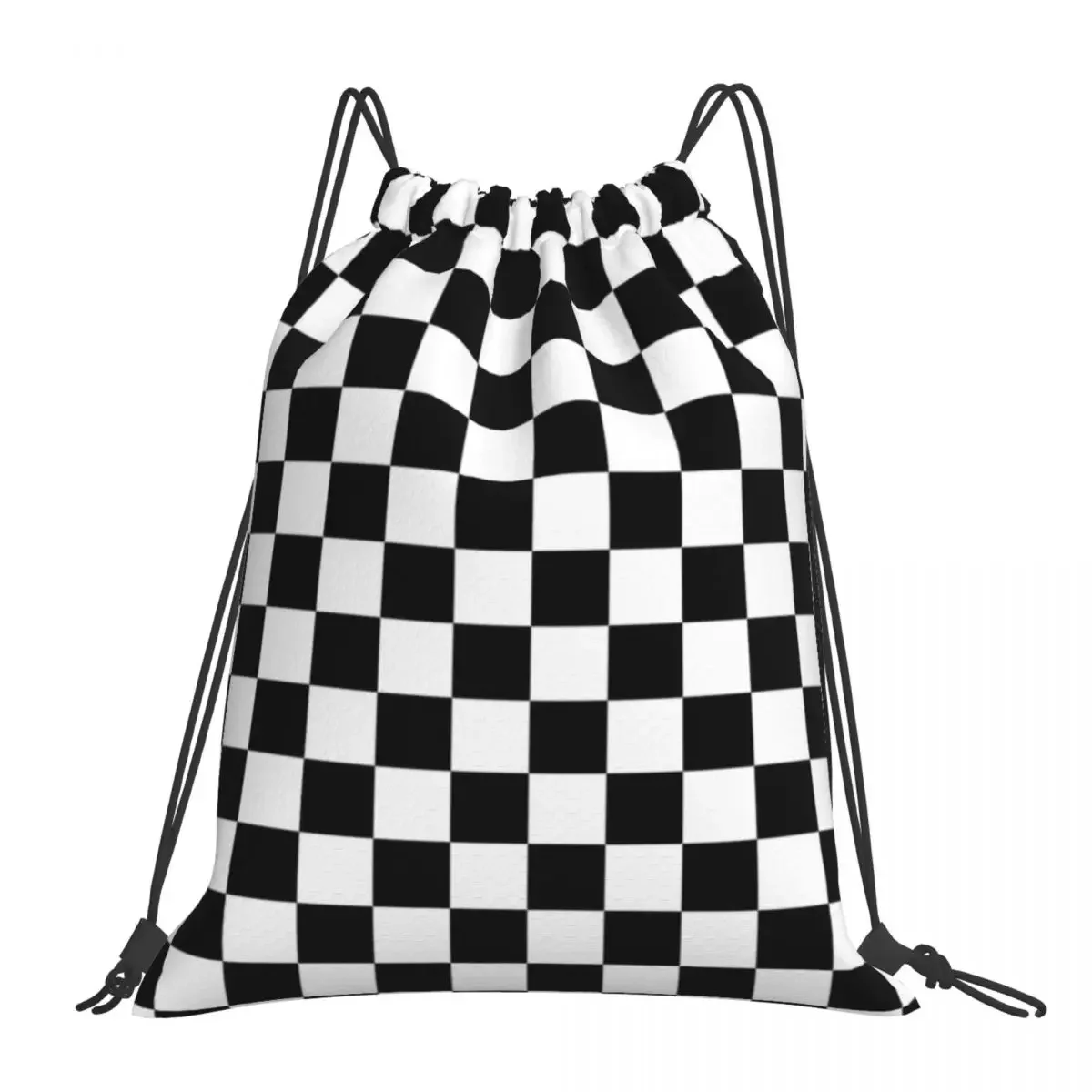 Black And White Checkerboard Backpacks Portable Drawstring Bags Drawstring Bundle Pocket Storage Bag BookBag For Travel Students