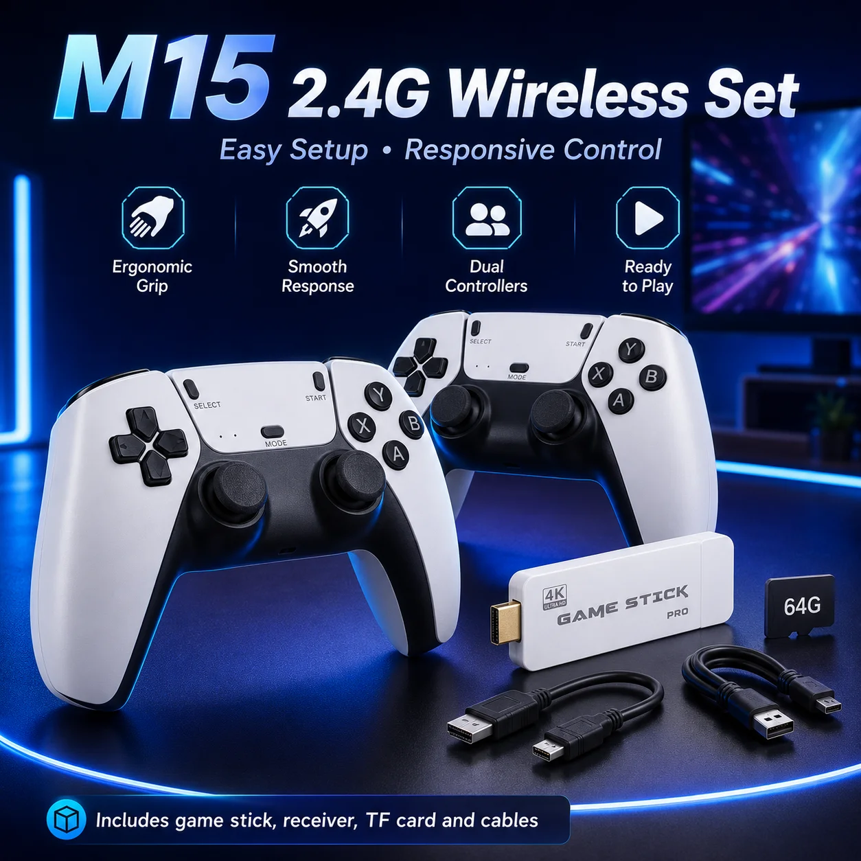 Portable M15 TV Entertainment Stick4K HDMI Output 2.4G Dual Wireless Game Controllers TF Card Expandable Home Media Player Ideal