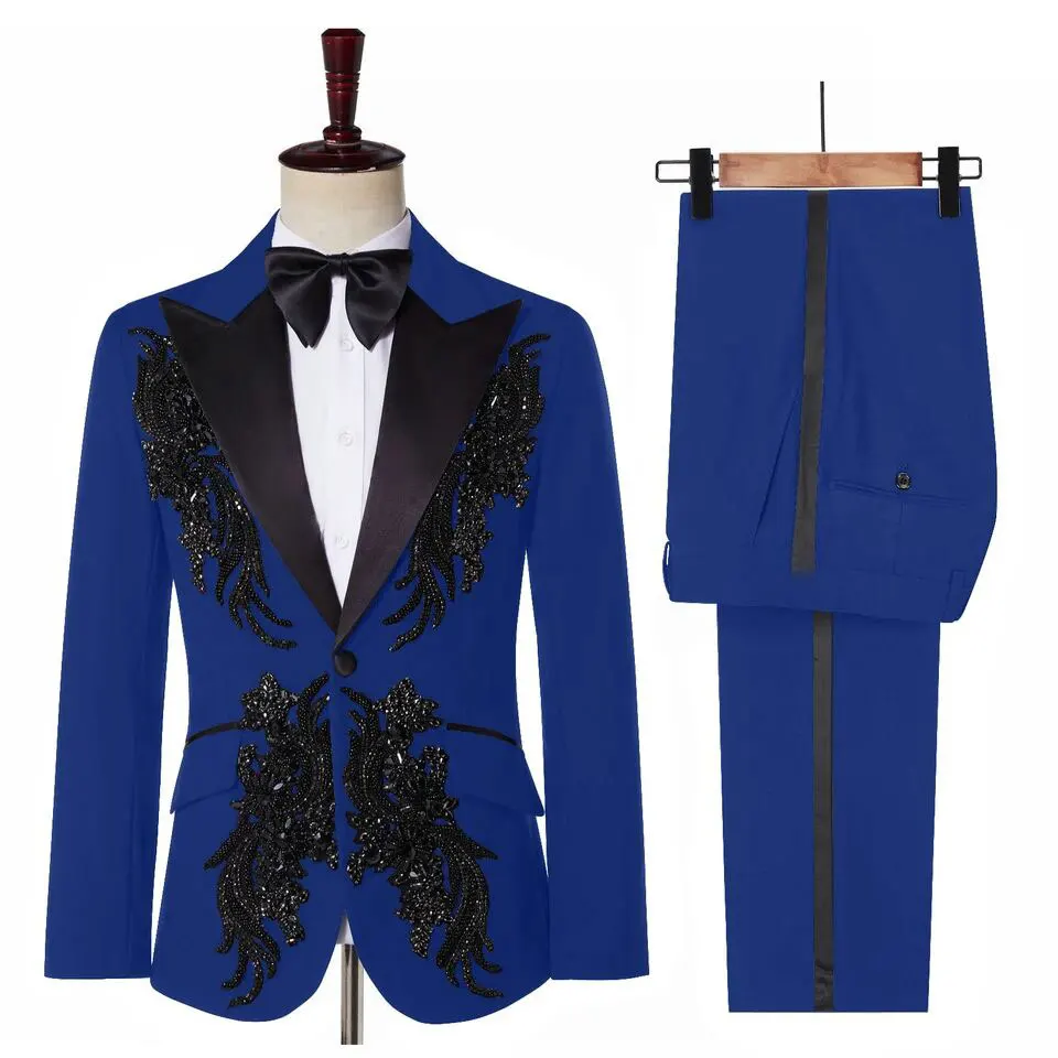 DV068 Luxury Metal Embellished Men Suits Notched Lapel Groom Tuxedos Wedding Prom Blazers Pants Outfit Terno Masculino Completo