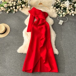 Vintage Long Party Evening Dress for Women Ruffle Stitching One Shoulder Elegant Female Formal Traf Red/Blue/Black New In 2023