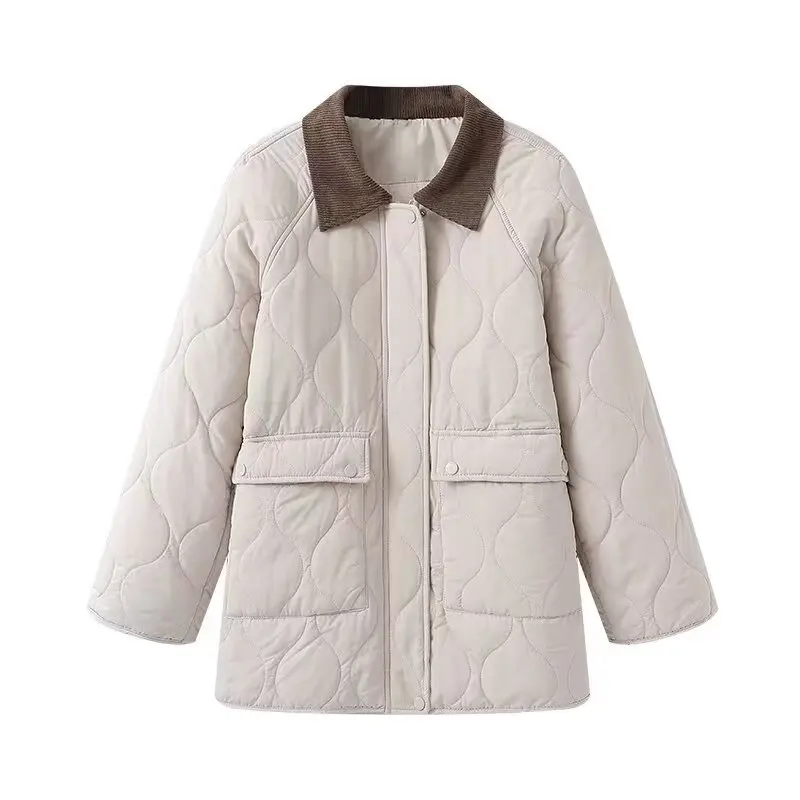 Klassiek patchworkjack voor dames Herfst Winter Los gewatteerd Warm Turn-Down kraag Katoenen jas Lange mouw Zak-Detail Uitloper